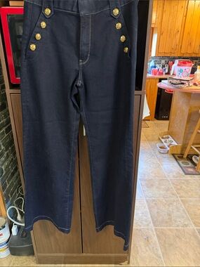 White House Black Market Navy High-Waist Jeans with Gold Buttons